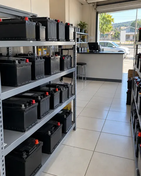 Baterias automotivas novas organizadas numa prateleira de loja