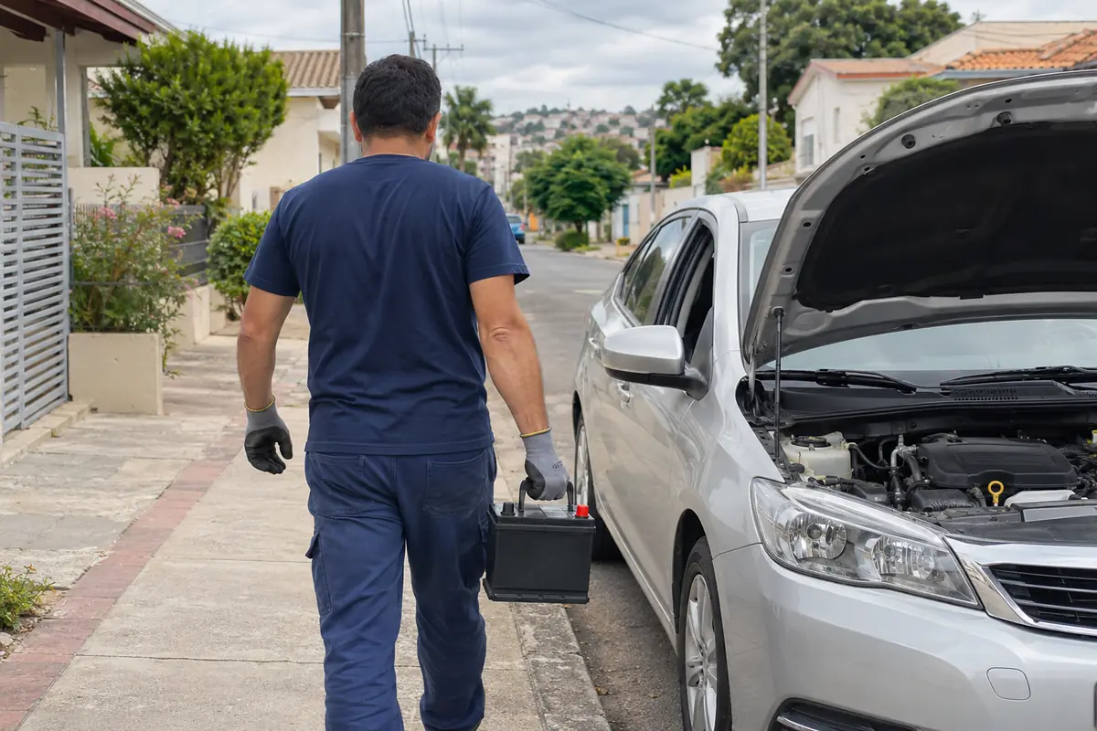 Técnico carregando uma bateria nova até um carro estacionado na rua