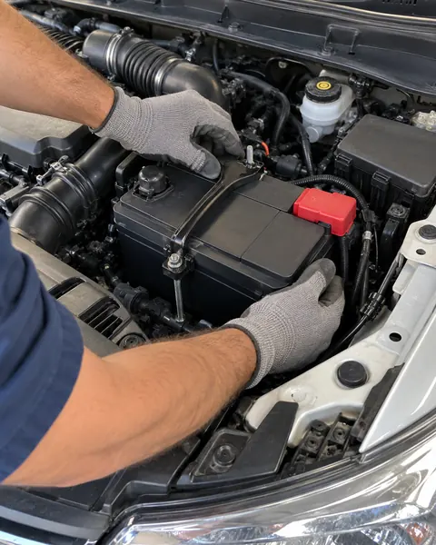 Mãos com luvas encaixando uma bateria nova no motor de um carro