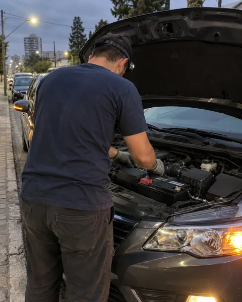 Técnico trocando a bateria de um carro parado na rua à noite, com a luz da lanterna