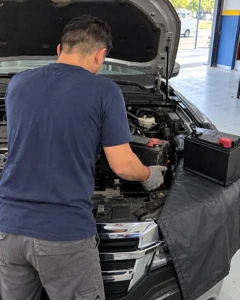 Técnico retirando a bateria antiga do motor de um carro com uma chave
